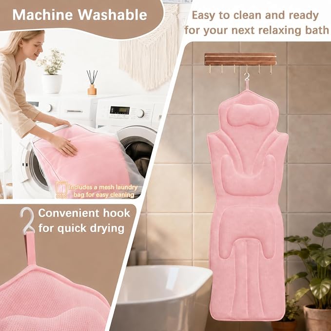 Full Body Bath Pillow for Bathtub - Thick Bathtub Cushion, Bathtub Pillow with 114 Suction Cups, 5D Air Mesh Bath Pillows for Tub Full Body, Head Neck Back Support, Pink 59 x 20 in