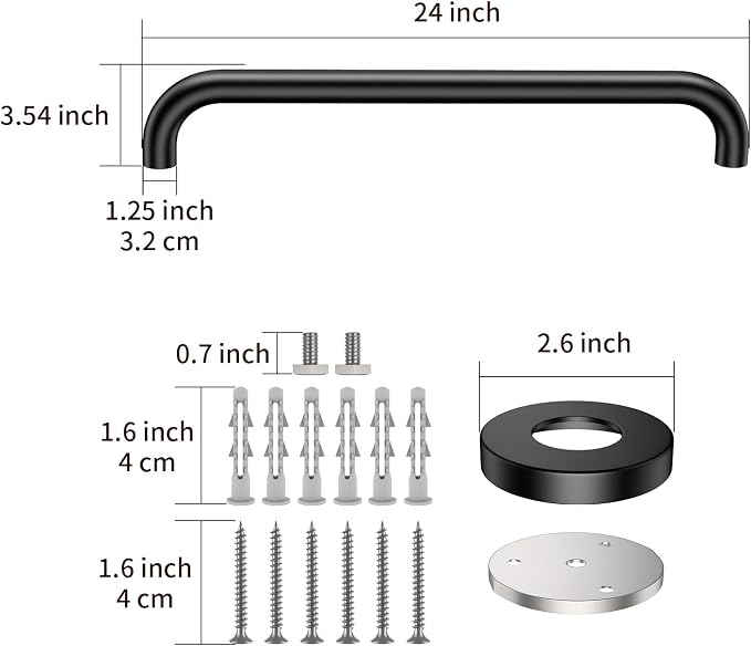 24 Inch Bathroom Grab Bar, ZUEXT Matte Black Safety Handrail for Shower Toilet Bathtub, Wall-Mounted Stainless Steel Handicap Grab Rail for Seniors Disabled Bath Safety Support (1.25" Diameter)