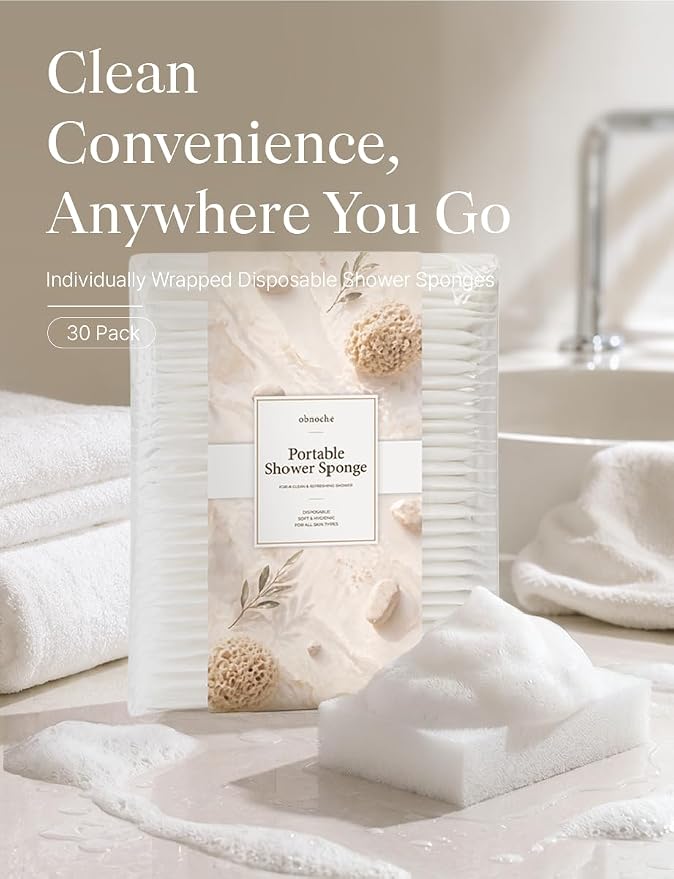 Disposable Shower Sponges 30 Pack, Individually Wrapped Bath Sponge, Just Add Water for Quick Clean, Daily Use, Travel