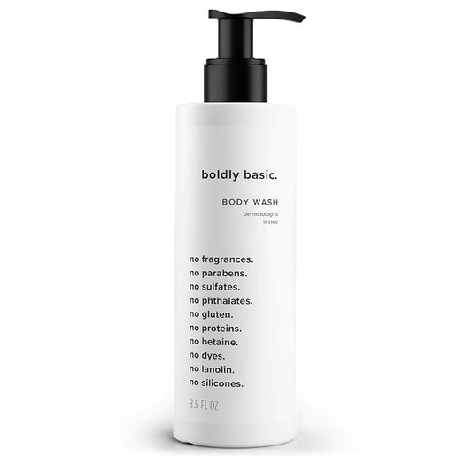 Boldly Basic Fragrance Free Body Wash - Unscented - Dermatologist Tested | Gentle Bodywash on Sensitive Skin - No Sulfates, Parabens or Gluten - Non Comedogenic and Hypoallergenic