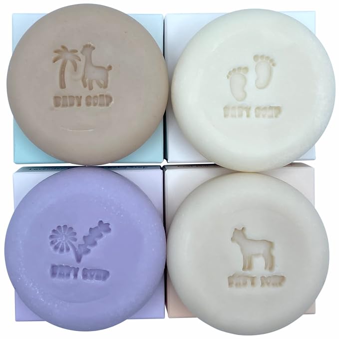 Set of 4 Organic Baby Soap Bars - Lavender-Chamomile, Goat Milk-Honey, Unscented, Greek Yogurt - Coconut Milk - All Natural Cold Process Soap Bars For Baby, Toddler, Kids - Safe for Sensitive Skin