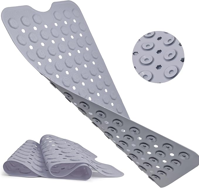 Bath Mat for Tub Non Slip 35*16 In, Silicone Anti Slip Shower Mat Bathtub Acupressure Relief for Kids Elderly Machine Washable with Antislip Textured Safety Strong Suction Cups & Drain Holes Easy Dry