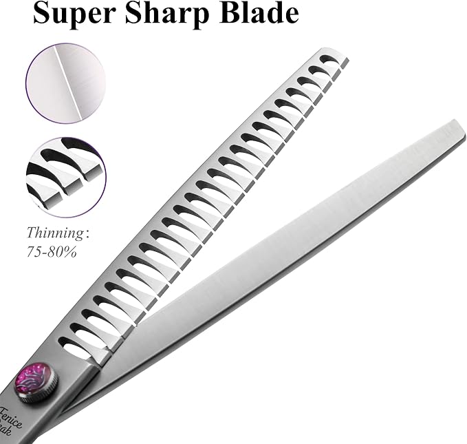 8'' Chunker Dog Grooming Scissors with Decorative Screw Professional 440C Stainless Steel Metallic Pet Thinning Shears with Offset Handle Durable and Sharp