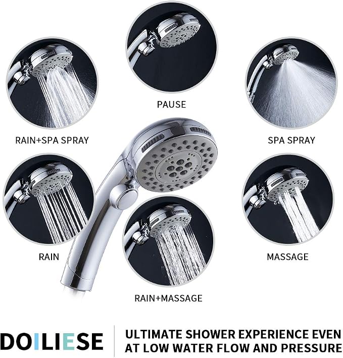 High Pressure Shower Head with Handheld Spray 6 Settings Hand Held Shower Head with On Off Switch and Spa Spray Mode 60 In Hose, Chrome
