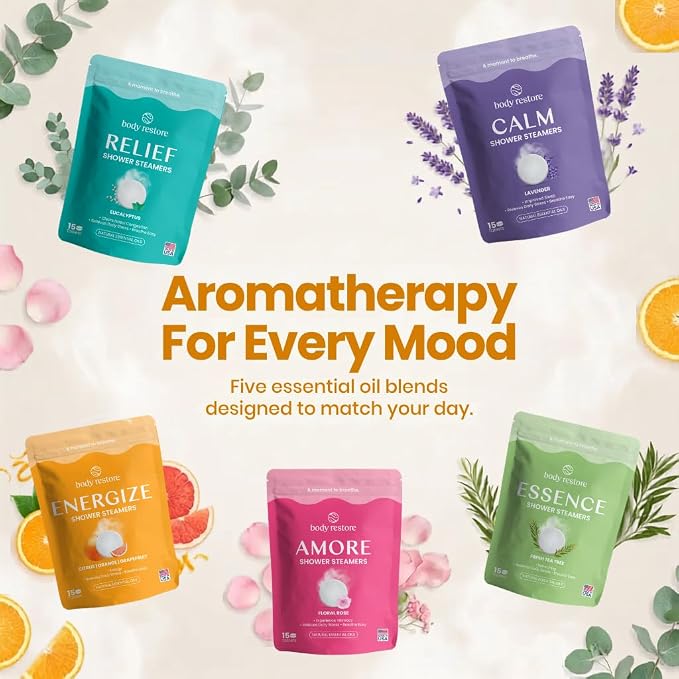 BodyRestore Shower Steamers Aromatherapy, Self Care Gifts, Energize 15 Pack | Birthday Gifts for Women & Men, Spa Stress Relief & Relaxation, Orange & Grapefruit, Essential Oil Tablets