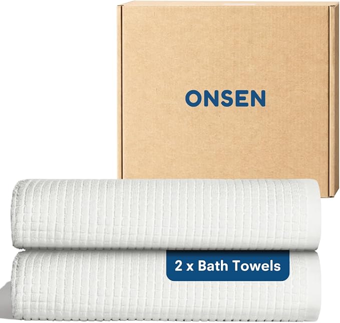 ONSEN Sculpted Terry Bath Towels, 100% American Cotton, Quick Dry Lint Free, Lightweight Absorbent Bath Towel Set with Hanging Loop, 28x55 in (White, 2X Bath Towel)