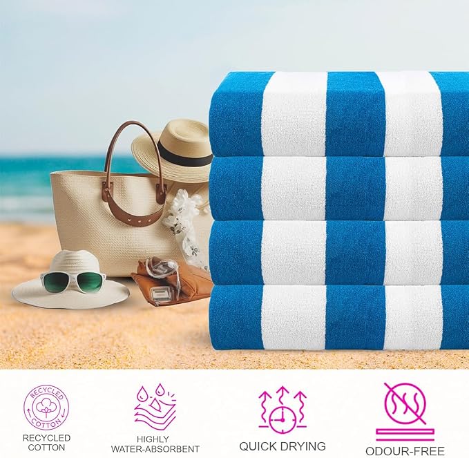CASA COPENHAGEN Cabana Towel 4Pcs Turquoise Designer Stripe Beach Towels Set, 30"x60" Oversized 100% Cotton Pool Bath Towel for Beach (Gift Set for Women & Men)