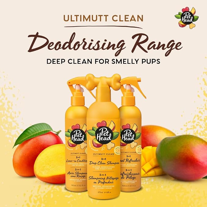 Pet Head Ultimutt Clean 3-in-1 Deep Clean Dog Shampoo | Mango Scent | Deeply Cleanses, Deodorizes & Conditions Your Dogs Coat | Eliminates Skunk and Fox Poo | Dog Shampoo for Smelly Dogs | 16 fl. oz.