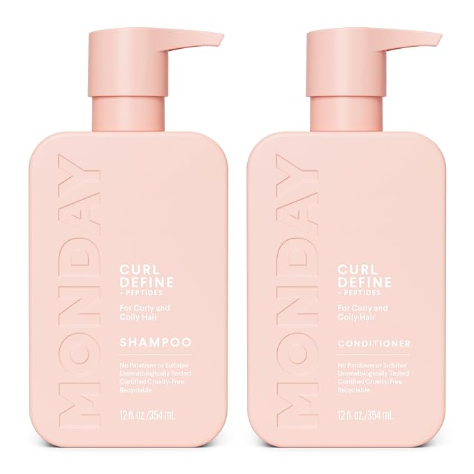 MONDAY HAIRCARE Curl Define Shampoo + Conditioner Set (2 Count) 12 oz Each Nourishes Curls, Tames Frizz, Coconut Oil and Shea Butter Enhance Shine, 100% Recyclable Bottle