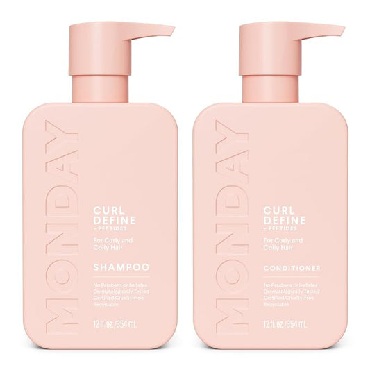 MONDAY HAIRCARE Curl Define Shampoo + Conditioner Set (2 Count) 12 oz Each Nourishes Curls, Tames Frizz, Coconut Oil and Shea Butter Enhance Shine, 100% Recyclable Bottle