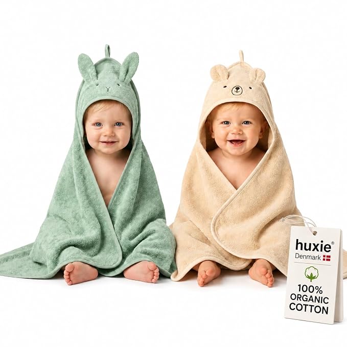 Hooded Baby Towels – 100% Organic Cotton Baby Bath Towels – Baby Boy and Girl Newborn Essentials - Super-Soft and Absorbent. (2-Pack Fog Bear and Roman Green Rabbit)