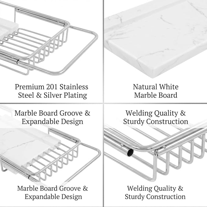 Bathtub Tray Caddy for Luxury Bath, Stainless Steel 26.8-35.4 in Expandable Extra Wide Bath Tub Tray with Natural Marble and Mobile/Tablet Stand, Ideal for Home Spa Lovers (Silver + White)
