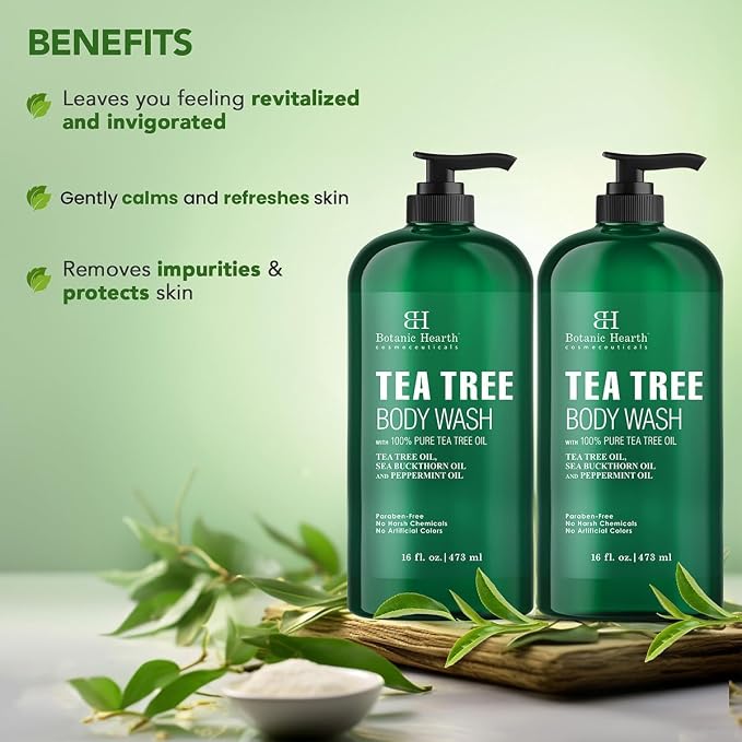 Botanic Hearth Tea Tree Body Wash, 16 Fl Oz (473 ml) Pack of 2 | With Tea Tree Oil, Peppermint & Sea Buckthorn | Gently Cleanses, Refreshes & Nourishes Skin | Sulfate & Paraben Free | For Men & Women