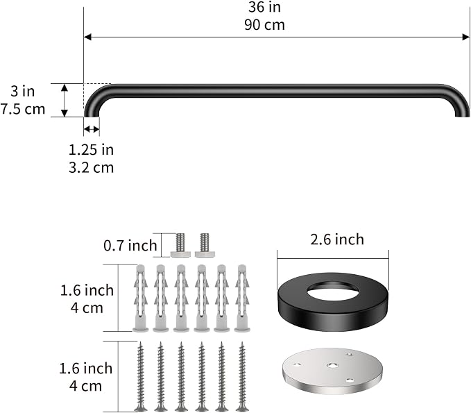 36 Inch Shower Grab Bar, ZUEXT SUS304 Stainless Steel Matte Black Bathroom Grab Bar Handle, Shower Balance Bar, Safety Hand Rail Support, Handicap Elderly Senior Assist Bath Handle (1.25" Diameter)