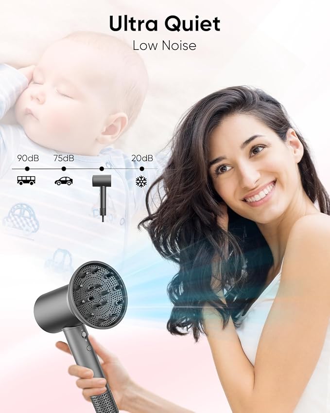 CONFU Hair Dryer, 110000 RPM Fast Drying Blow Dryer with Magnetic Diffuser and Concentrator, Professional Lightweight Ionic Hair Dryer for Women and Men Grey