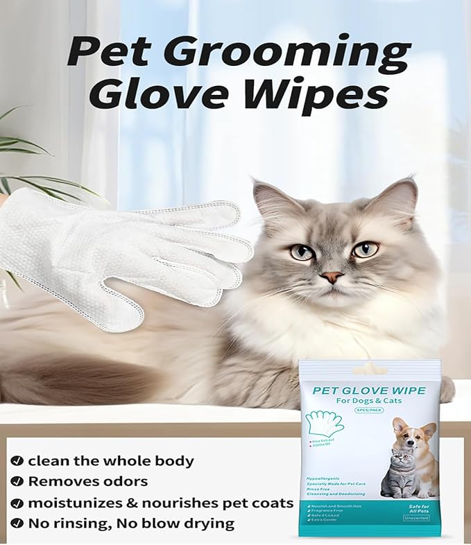 AQUASAFE Pet Glove Wipes - No-Rinse Dog Grooming Wipes & Cat Bath Gloves | Unscented Hypoallergenic Dog Wipes, [12] Ct