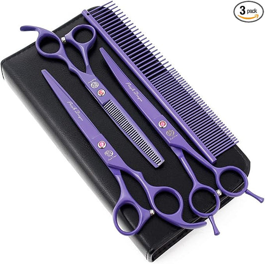 Purple Dragon 7.0 inch Rhinestone Decoration 3PCS Pet Grooming Scissors Dog Hair Cutting & Thinning Shears Set