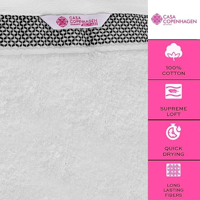 CASA COPENHAGEN Solitaire 6Pcs 100% Egyptian Cotton Large Designer Towels Gift Set- Pure White, 600GSM, 2Bath 2Hand 2Washcloths, Bath Towels for Bathroom Set for Women & Men
