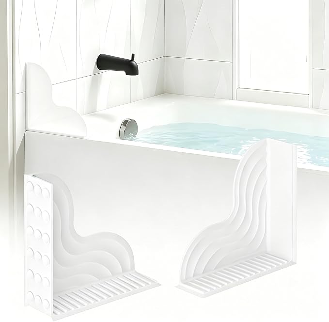 Shower Splash Guard 2-Pack – All-Silicone Bathtub Splash Guard with Strong Suction Cups, Reusable Shower Water Blocker for Bathtubs and Countertops (White, L-2pcs)