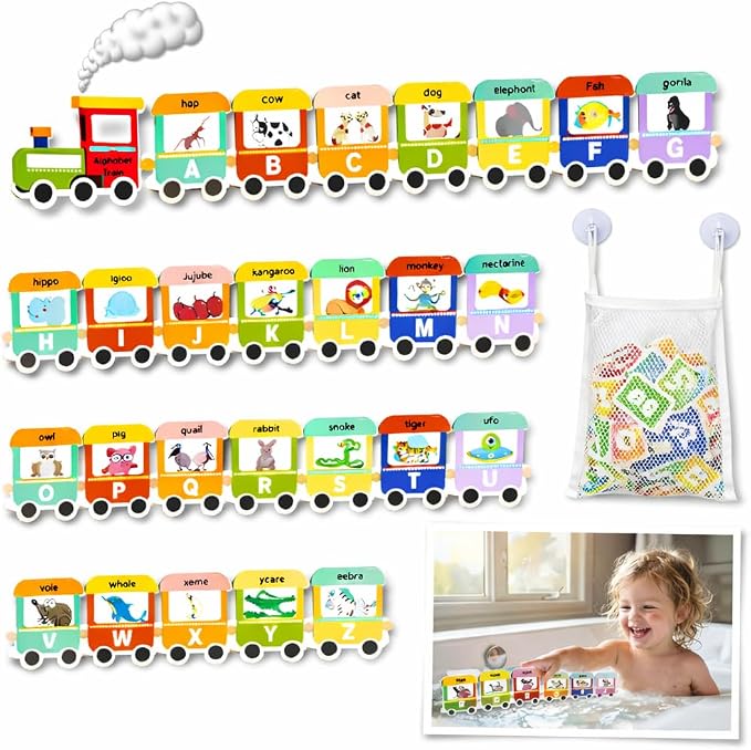 Baby Bath Toys for Toddlers 1-3, Mold Free Foam Bath Letters and Numbers, Alphabet Train Water Toys for Kids Ages 2-4, Bathtub Toy Organizer Storage Bag Included, Gifts for Boys Girls