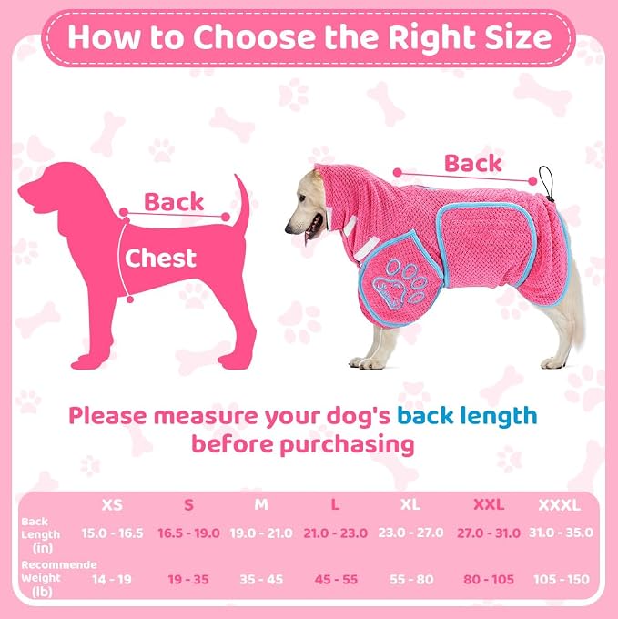 SlowTon Dog Bathrobe Drying Coat – Super Absorbent Microfiber Towel Wrap with Adjustable Collar & Belly Strap, Fast Drying Bath Robe for After Bath Swim, for Large, Medium, Small Dogs (Pink 3XL)