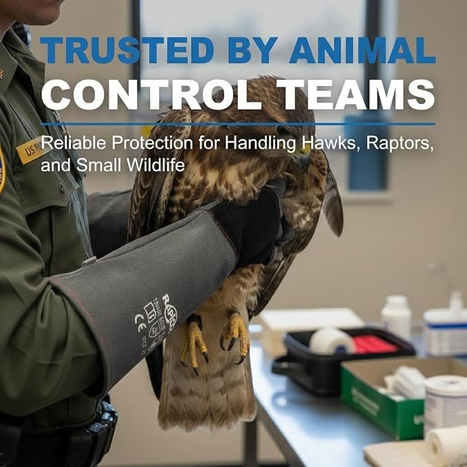 RAPICCA Animal Handling Gloves, Bite Proof Double Leather, 16 in Grey-Black | For Dog, Cat, Bird, Falconry, Snake & Reptile Handling; Vets, Groomers & Animal Control Teams