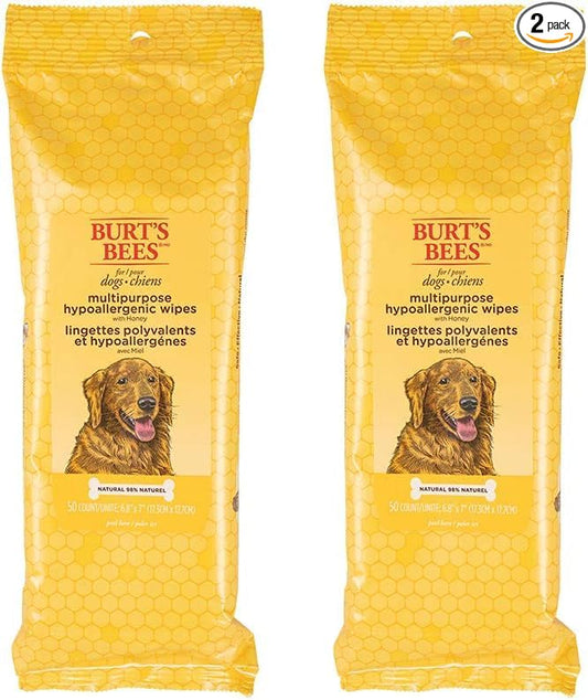 Burt's Bees for Pets Honey Multipurpose Dog Grooming Wipes, Gentle Hypoallergenic Spot Cleaning Sheets, pH Balanced Natural Origin Formula for Paws, Face and Butt, 50 Count - 2 Pack