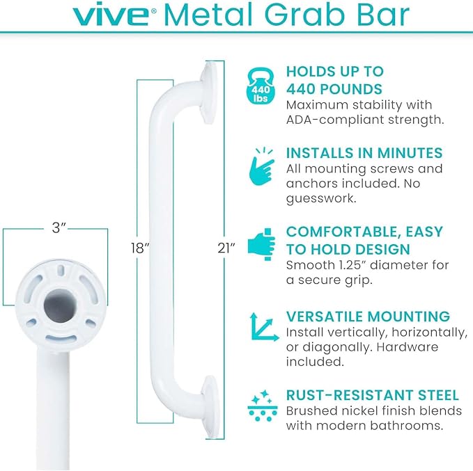 Vive Grab Bar for Showers - Bathroom Antislip Handrail for Seniors, Elderly Assistance Product, Heavy Duty Shower Handles, Handicap Grab Bars, Stainless Steel, Multipurpose, 440 lbs