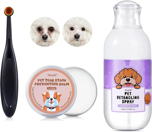 Pet Tear Stain Remover Balm with Pro Powder Brush,Dog Detangler Spray Dematting