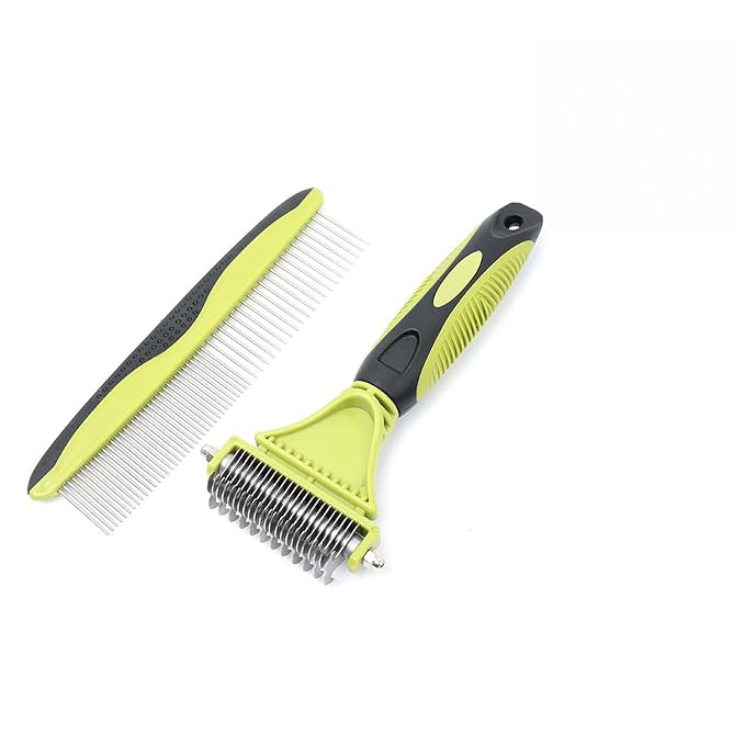 2-in-1 Pet Grooming Brush & Undercoat Rake, Double-Sided Hurtless Dematting Comb for Dogs & Cats, Universal Detangling, Shedding & Slicker Brush, Pet Grooming Tool for Removing Old Hair (Green)