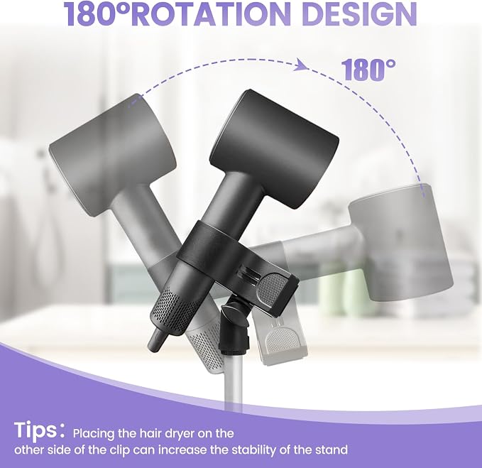 Adjustable Hair Dryer Stand, 29-59 Inch Hair Dryer Holder with Tripod and Universal Clip, 360-Degree Rotating Blow Dryer Stand for Bathroom, Vanity, Makeup Roo, black