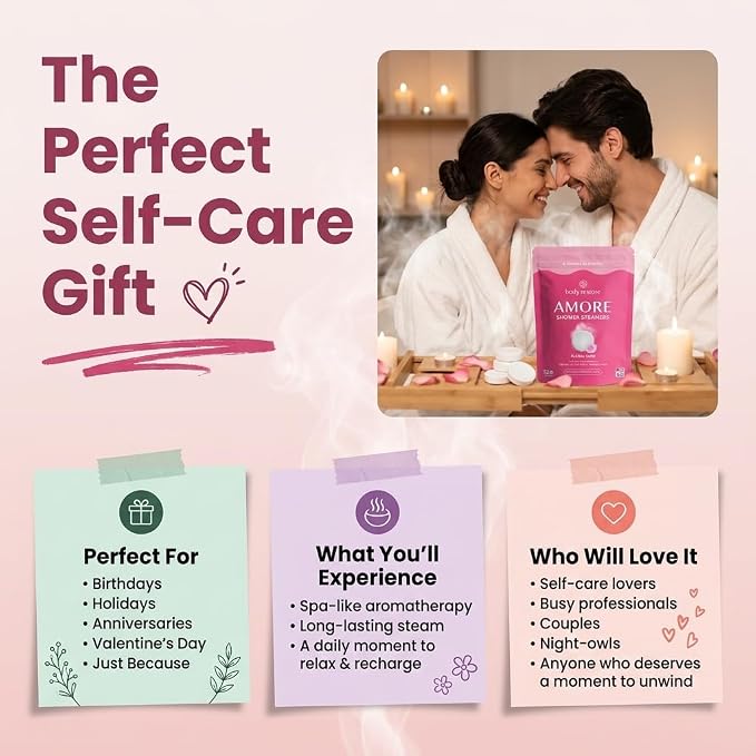BodyRestore Shower Steamers Aromatherapy, Gifts for Women, Amore 15 Pack | Birthday Gifts for Women, Spa Stress Relief & Relaxation, Romantic Gift for Her,Rose Essential Oil Tablets