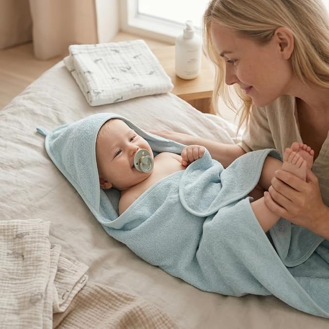 Hooded Baby Towels – 100% Organic Cotton Baby Bath Towels – Baby Boy Newborn Essentials - Super-Soft and Absorbent.(2-Pack Fog and Baby Blue)