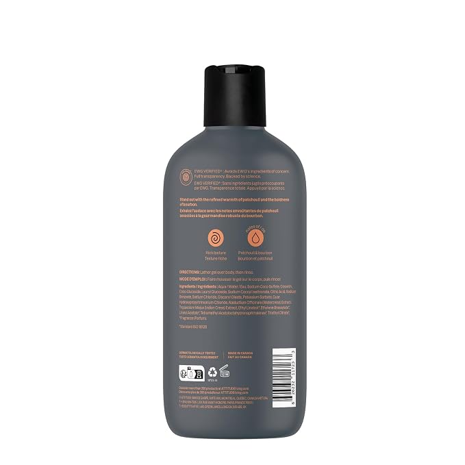 ATTITUDE Shower Gel Body Wash for Men, 98% Natural Origin Ingredients, Paraben & Phthalate Free, EWG Verified, Cleanses Without Drying, Patchouli & Bourbon, 14 Fl Oz