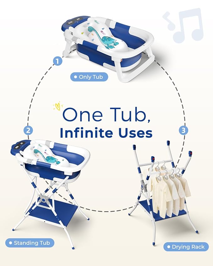 2-in-1 Baby Bath with Stand, Foldable Dinosaur Bathtub for Infant to Toddler, Portable Travel Tub with Soft Cushion for 0-18 Months, Navy Blue
