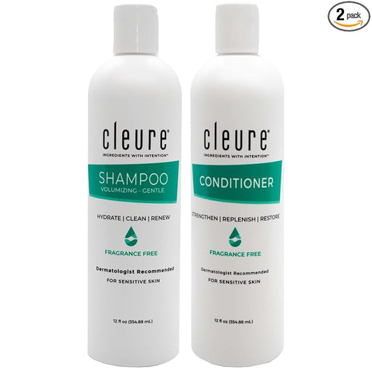Cleure Shampoo and Conditioner Set Sulfate Free, Fragrance Free for Sensitive Skin - Volumizing Shampoo & Hydrating Conditioner (12 Oz each, Pack of 2)