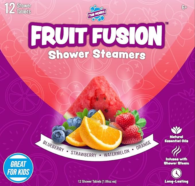 Tub Works® Fruit Fusion™ Shower Steamers for Kids, Variety 12 Pack | Fresh & Fruity Shower Steamers Aromatherapy | Fun Shower Bombs | Alternative to Kids Bath Bombs for a Sensory Shower Experience