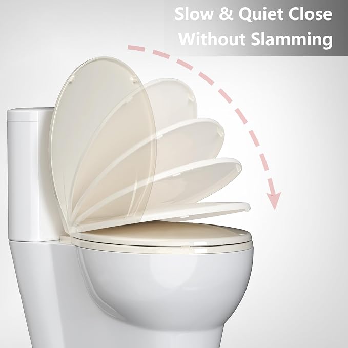 Round Toilet Seat, Soft Close Noiseless Lid, Slow Close Anti-Slam Design, American Standard Compatible,Almond