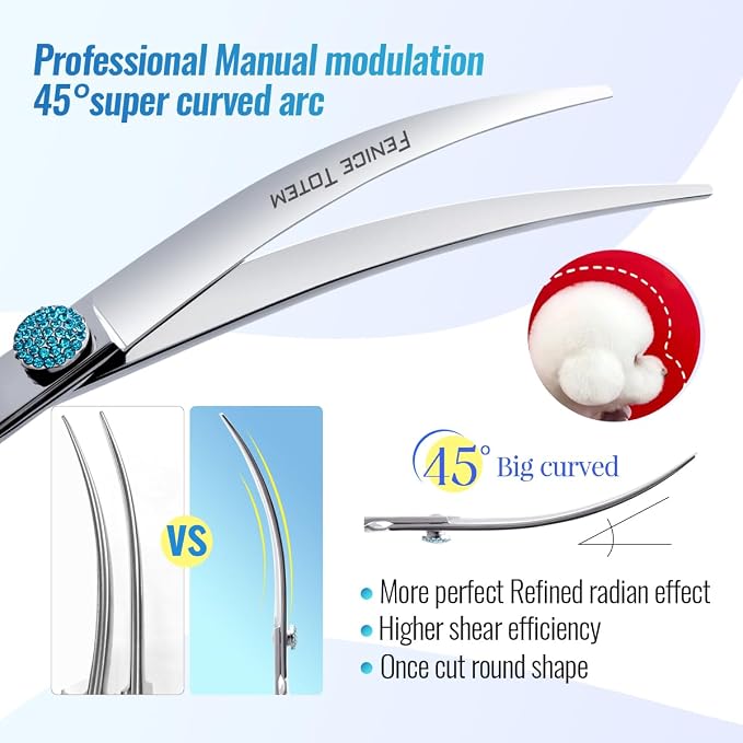 Fenice Professional Grooming Curved Shear: 45 Degree Super Curves Scissors for Dogs 7.5" Big Arc Curved Shears Made Of Japanese 440C Stainless Steel