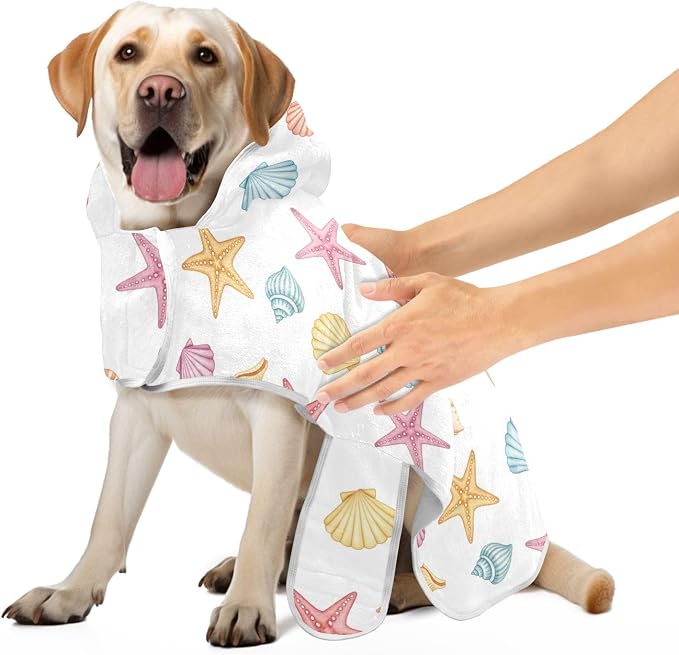 Beach Seashells White Starfish Printing Dog Bathrobe Towel Super Absorbent Dog Drying Coat for Drying Dogs, M