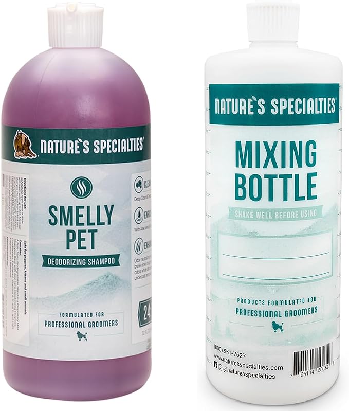 Nature's Specialties Mixing Bottle and Dog Shampoo Concentrate Bundle, Easy to Read Measurements Mixing Bottle 32 oz, Smelly Pet Dog Shampoo Concentrate 32 oz