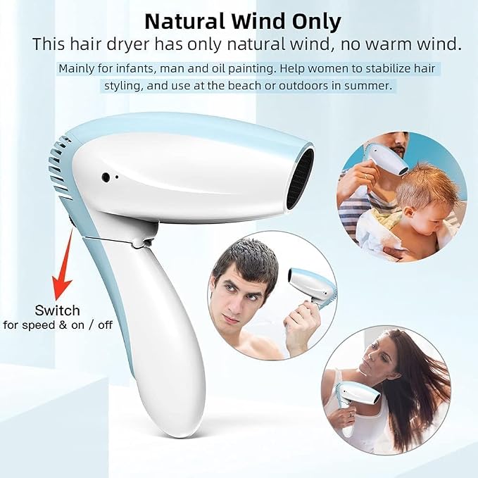 Cordless Hair Dryer - Cool Wind Battery Operated Hair Dryer - Rechargeable Portable Hairdryer for Summer, Indoor, Outdoor, Camping, Tourism (No Hot or Warm Air)