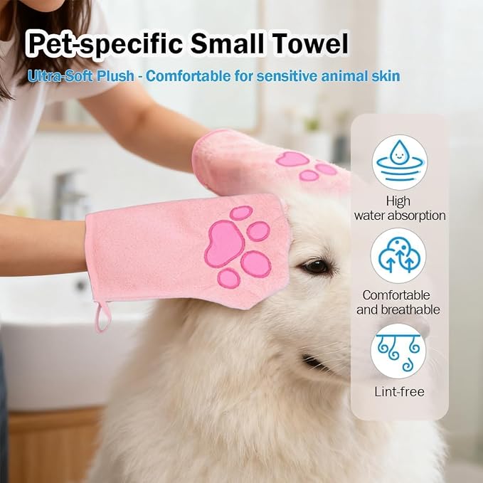 Paw Bathing Towel for Cats, Ultra Soft Microfiber Pet Bath Towel Gloves for Muddy Paws, Ears, Coral Fleece Pet Towel, Quick-Dry Cat Drying Towel, Lint-Free Absorbent with Hanging Loop (blue+pink+grey)