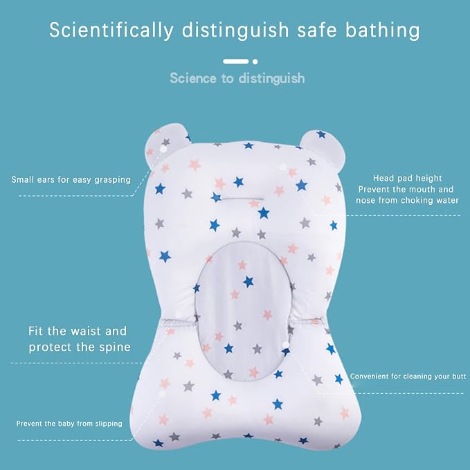 Baby Bath Cushion Pad Newborn Bathtub Mat Infant Bath Supporter Net Baby Bathtub Pillow Non-Slip Floating Bathing Tub Seat (White Star, 28cm*43cm*26cm)