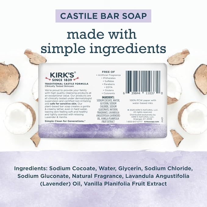 Kirk's Castile Bar Soap, Lavender & Vanilla - Clinically Tested, Safe for Sensitive Skin with Coconut Oil, Vegan and Non-GMO - 4 oz Bars, 6 Pack