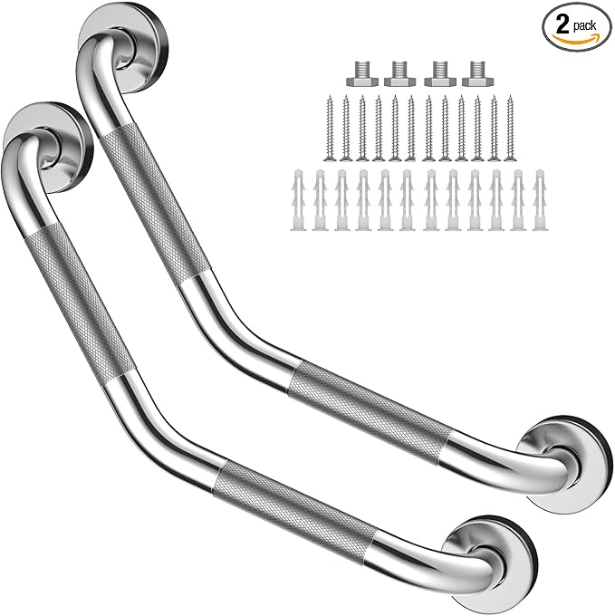 16 Inch Angled Grab Bar 2 Pack, ZUEXT Anti Slip Shower Grab Bar Handles,Chrome Stainless Steel Knurled Bathroom Balance Bar, Safety Hand Rail Support,Handicap Elderly Injury Senior Assist Bath Handle