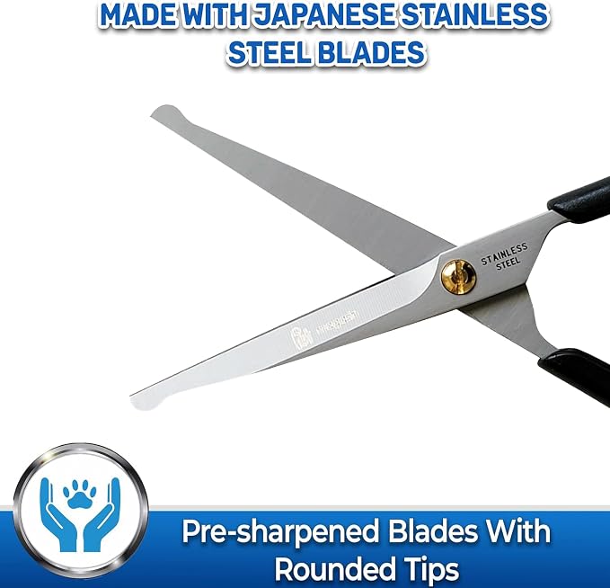 Pet Magasin Japanese Stainless Steel Grooming Scissors (2) for Facial Hair and Larger for Body Trimming with Round Tip (Black)