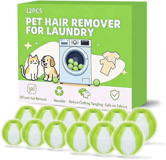 12 Pack Pet Hair Remover for Laundry, Reusable Dog & Cat Hair Catcher, Washer & Dryer Safe Laundry Balls, Anti-Tangle Design, Helps Remove Lint & Fur from Clothes, Bedding & Blankets (Mustard Green)