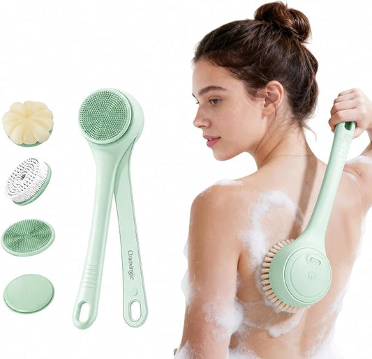 Electric Body Brush Back Scrubber for Shower, Waterproof Long Dual Handle Power Body Scrubber with 4 Heads, Rechargeable Bath Brush & 2 Speeds, for Cleansing, Exfoliating and Massaging Skin,Green