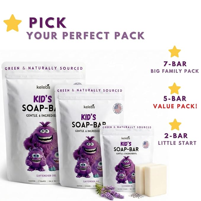 KELEBS Kids Soap Bar, Gentle Lavender Soap, Kids Body Wash Bar, Natural Bar Soap for Kids & Family, with Organic Lavender Oil, Naturally Scented, 5 Bars